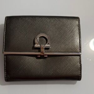 Ferragamo Metallic Platinum Gray Leather Trifold Wallet with Gancini Closure